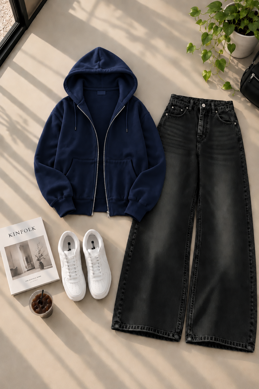Zipper Hoodie with Black Shaded Wide Leg Jeans