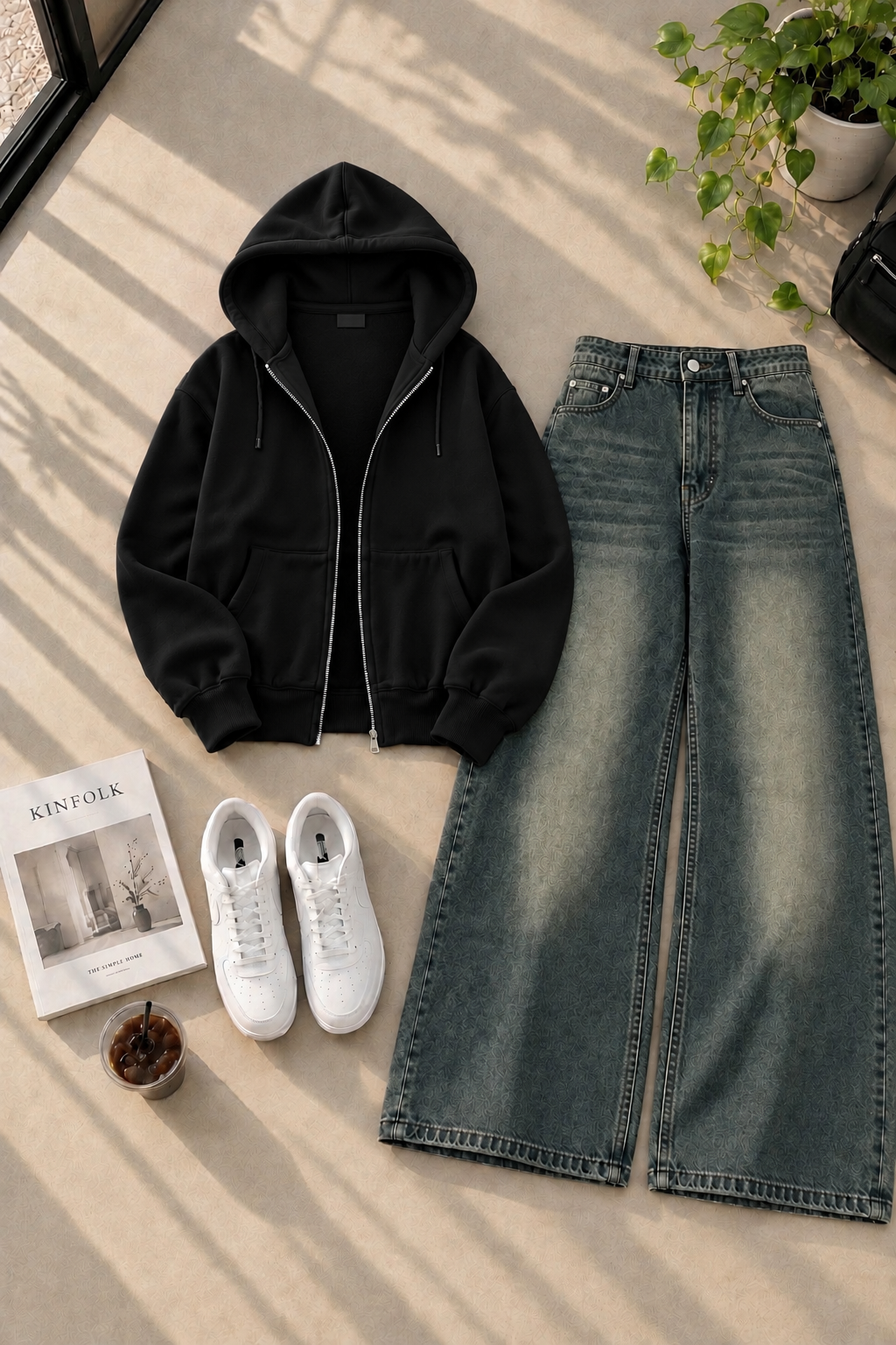 Zipper Hoodie with Greenish Shaded Wide Leg Jeans