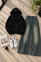Zipper Hoodie with Greenish Shaded Wide Leg Jeans