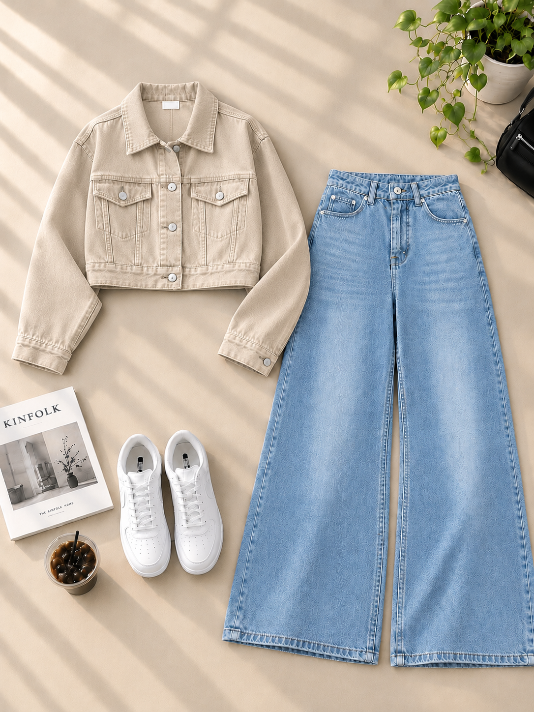 Crop Denim Jacket with Ice Blue Shaded Wide-Leg Jeans