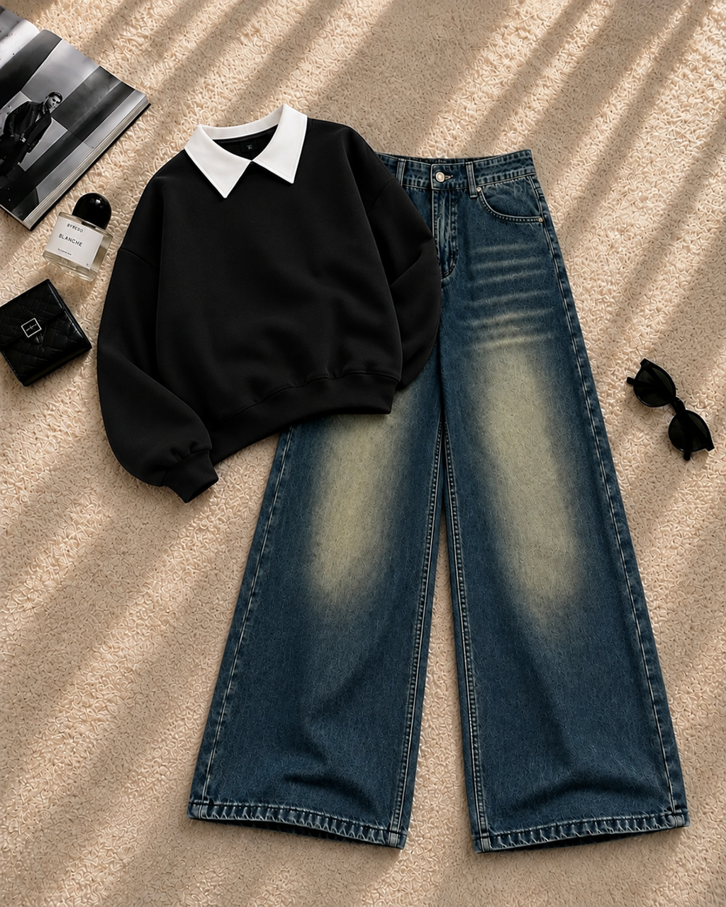 Collar Sweatshirt with Greenish Wide-Leg Jeans