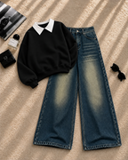 Collar Sweatshirt with Greenish Wide-Leg Jeans