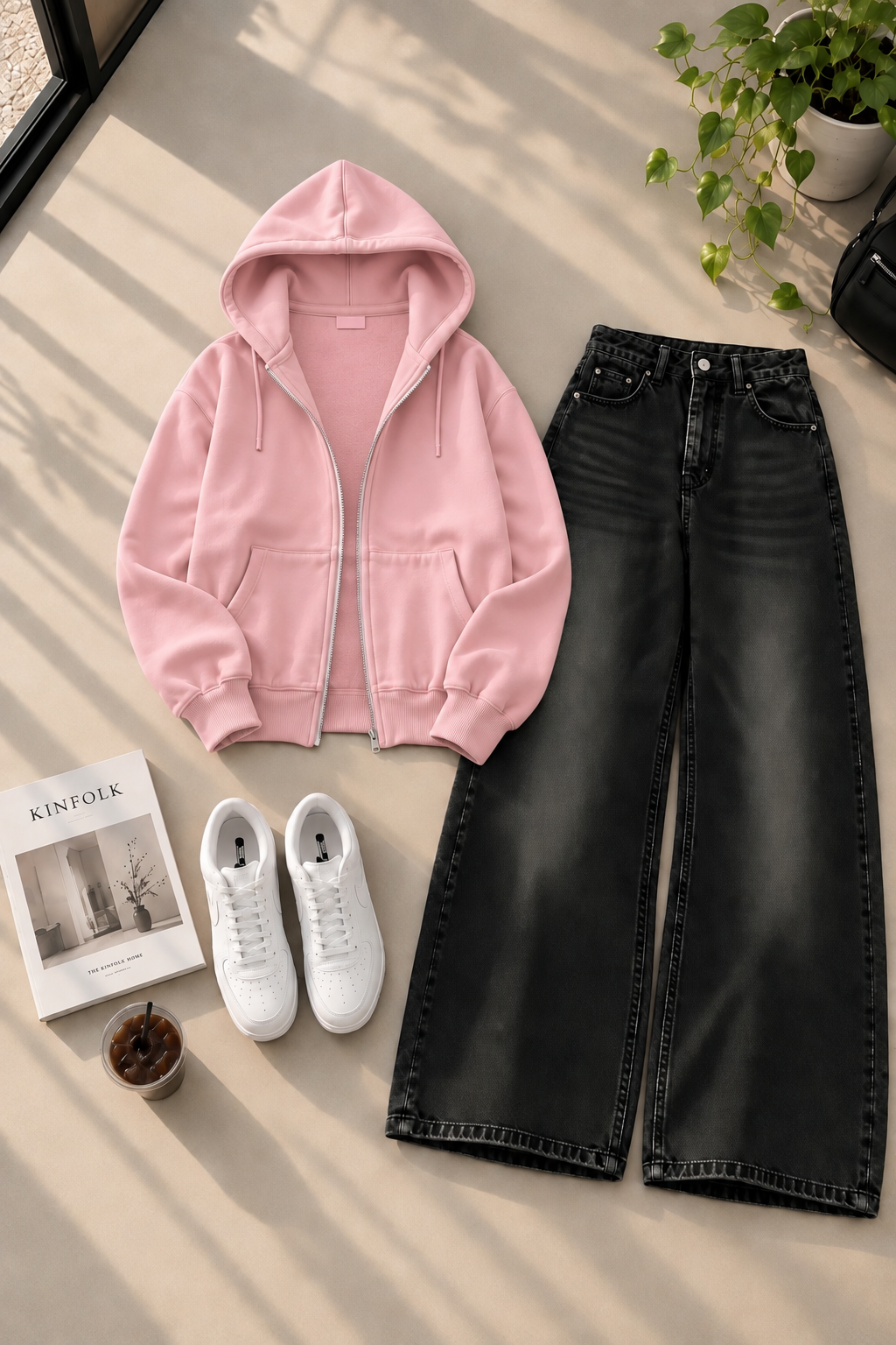 Zipper Hoodie with Black Shaded Wide Leg Jeans