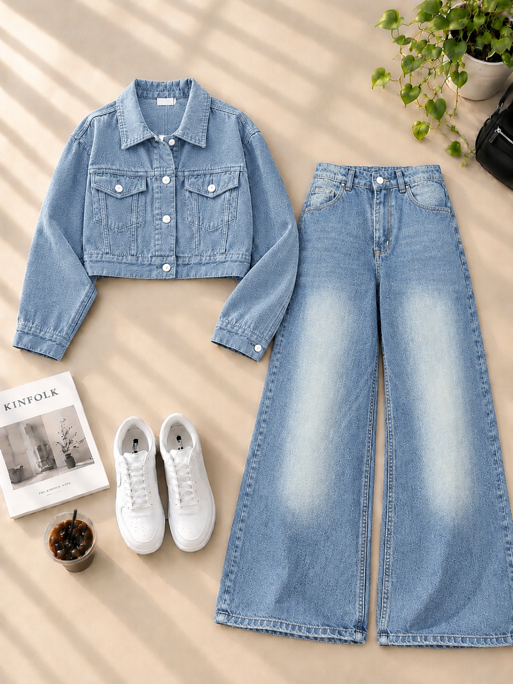 Crop Denim Jacket with Ice Blue Shaded Wide-Leg Jeans