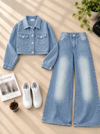 Crop Denim Jacket with Ice Blue Shaded Wide-Leg Jeans