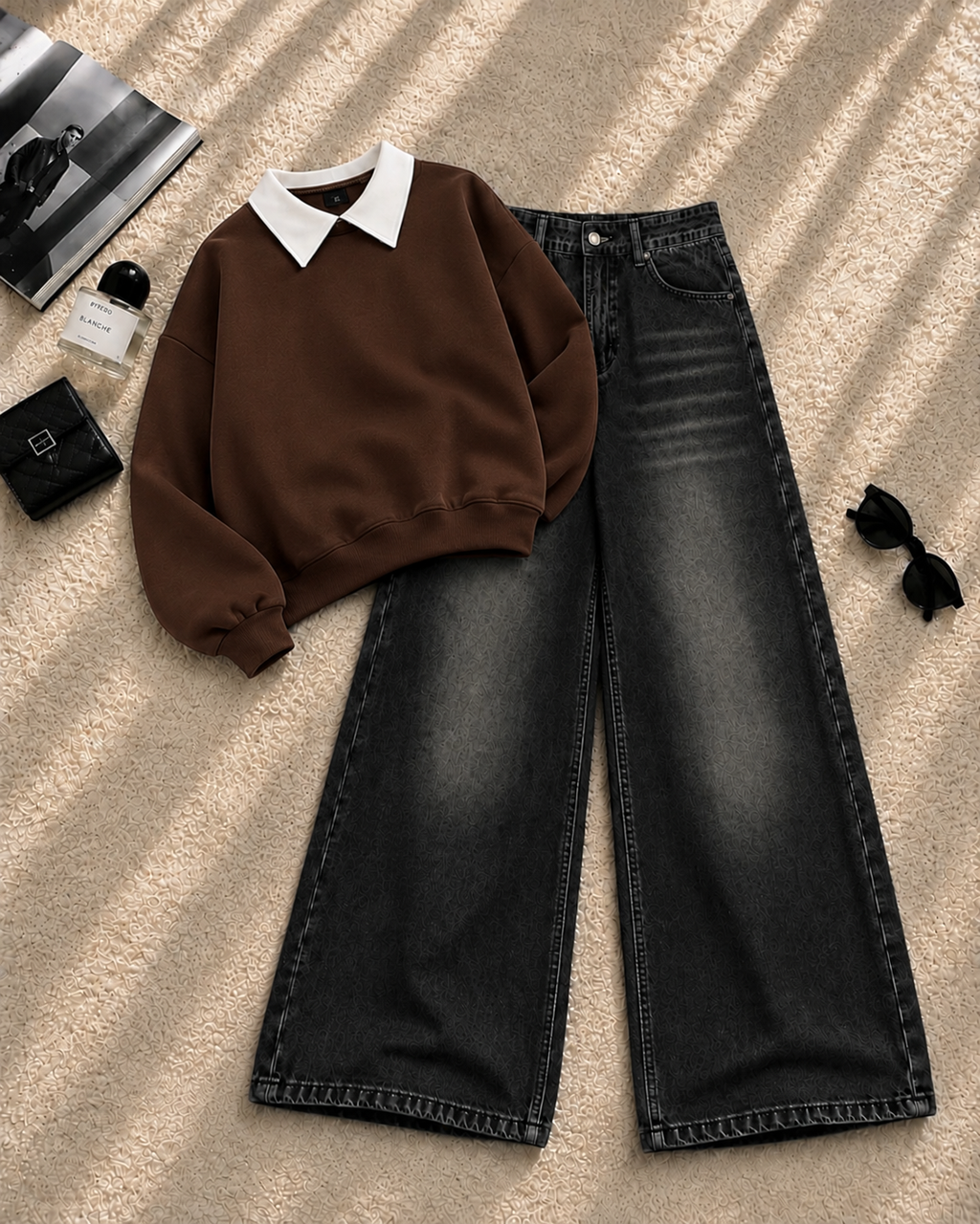 Collar Sweatshirt with Black Shaded Wide-Leg Jeans