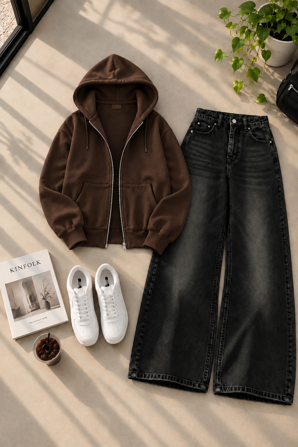 Zipper Hoodie with Black Shaded Wide Leg Jeans