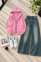 Zipper Hoodie with Greenish Shaded Wide Leg Jeans