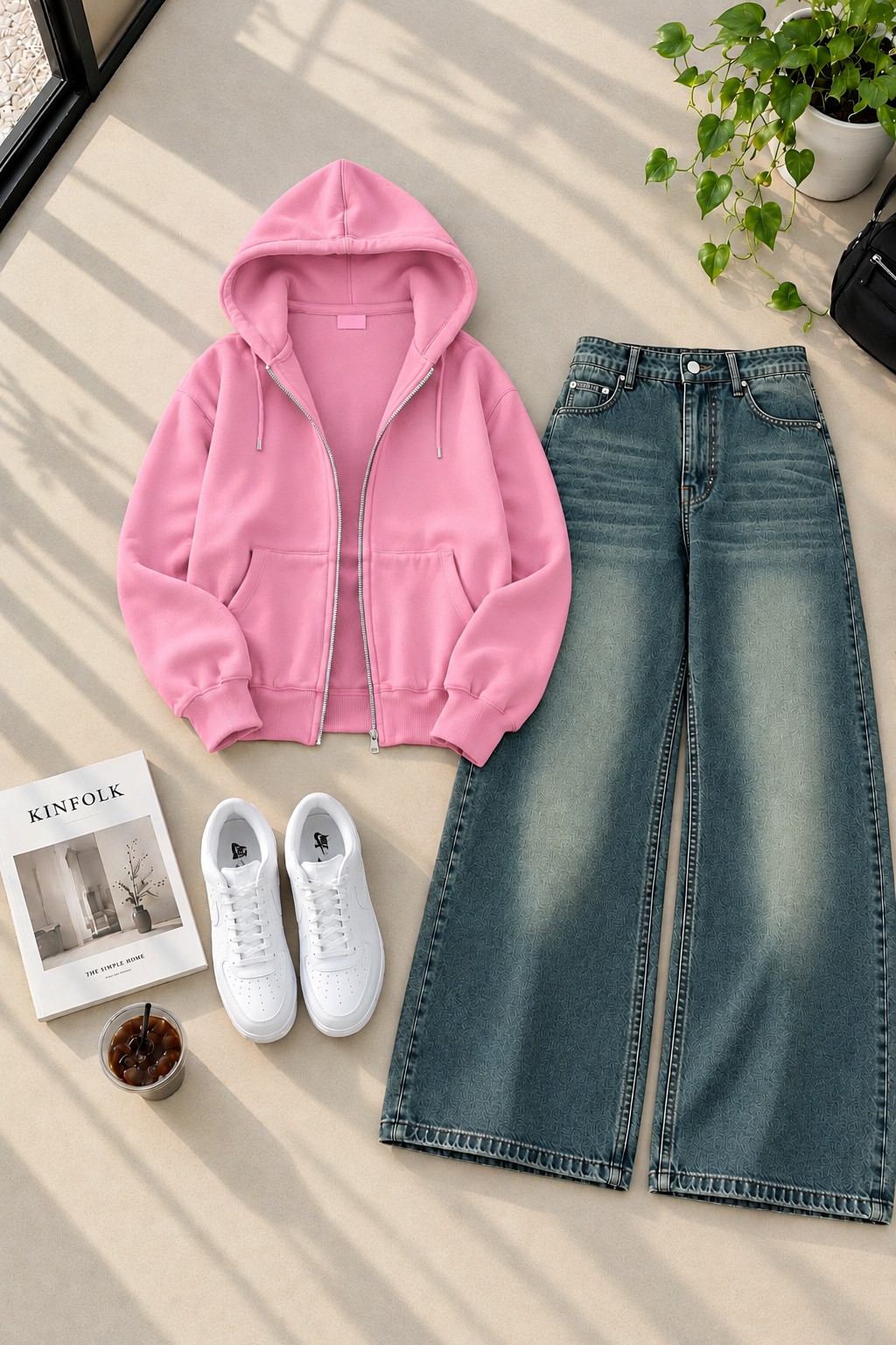 Zipper Hoodie with Greenish Shaded Wide Leg Jeans