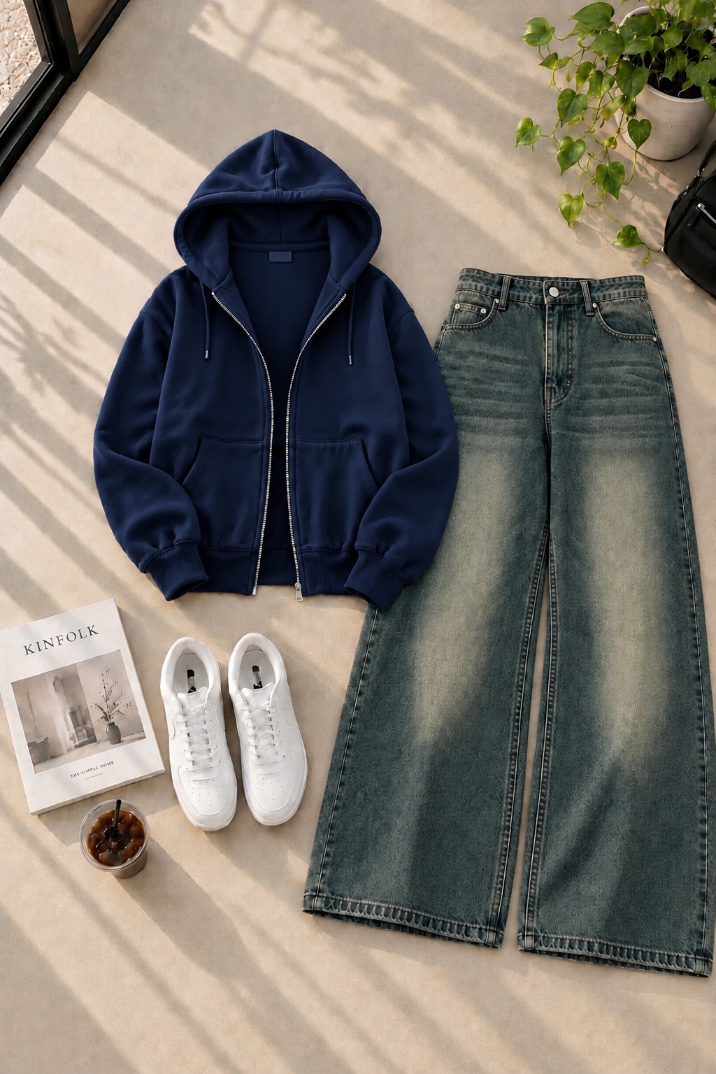 Zipper Hoodie with Greenish Shaded Wide Leg Jeans