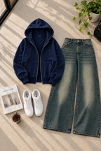 Zipper Hoodie with Greenish Shaded Wide Leg Jeans
