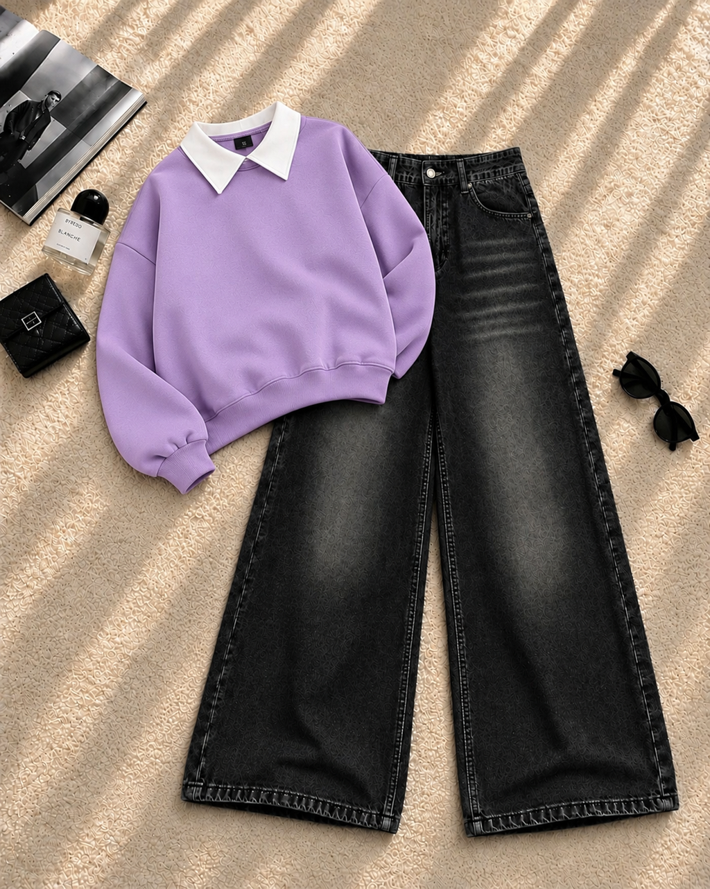 Collar Sweatshirt with Black Shaded Wide-Leg Jeans