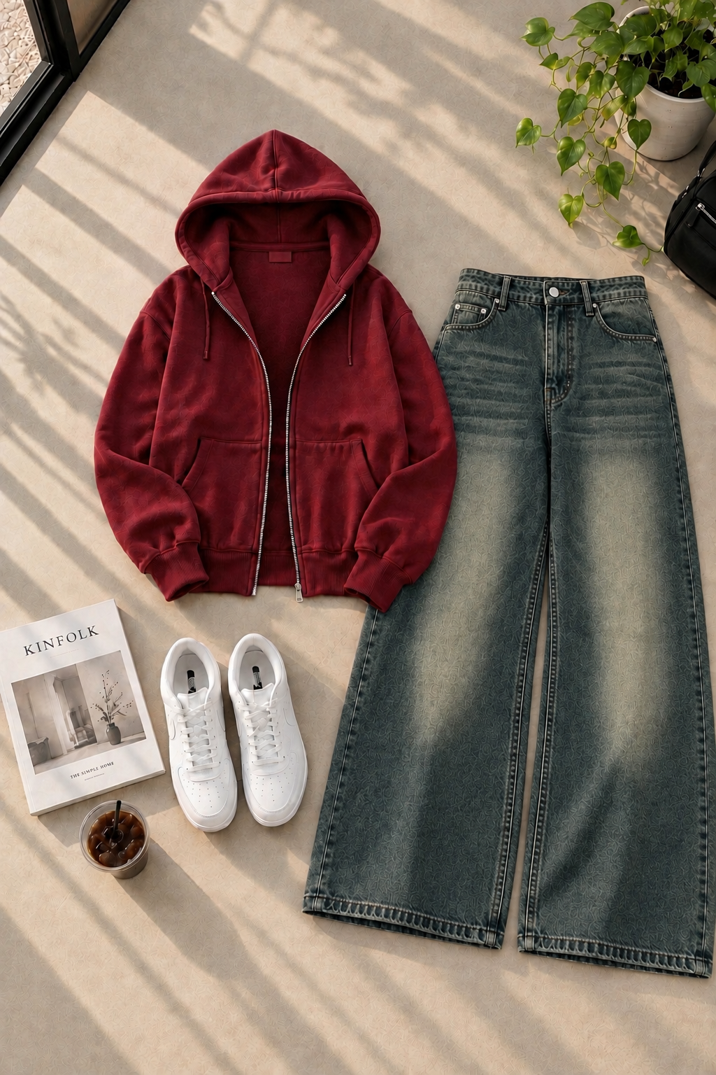 Zipper Hoodie with Greenish Shaded Wide Leg Jeans