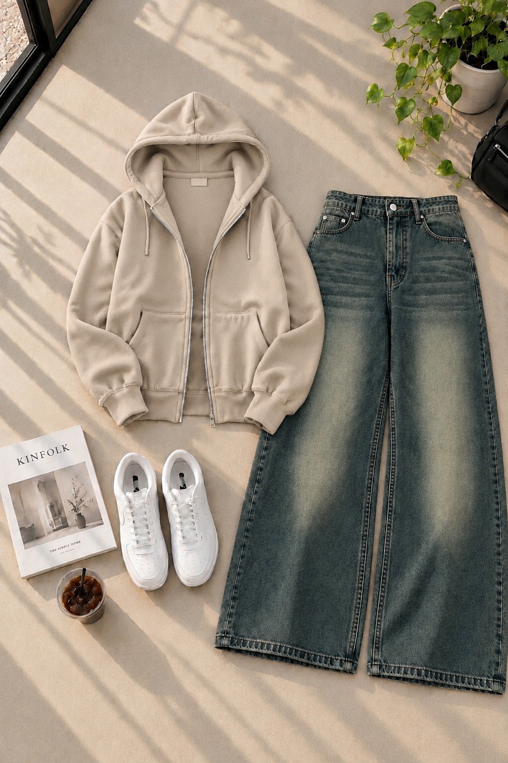 Zipper Hoodie with Greenish Shaded Wide Leg Jeans