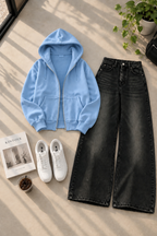 Zipper Hoodie with Black Shaded Wide Leg Jeans