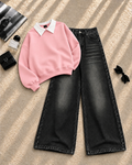 Collar Sweatshirt with Black Shaded Wide-Leg Jeans