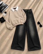 Collar Sweatshirt with Black Shaded Wide-Leg Jeans