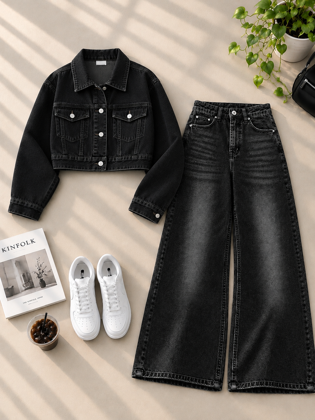 Crop Denim Jacket with Black Shaded Wide-Leg Jeans