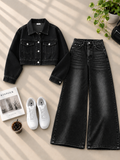 Crop Denim Jacket with Black Shaded Wide-Leg Jeans