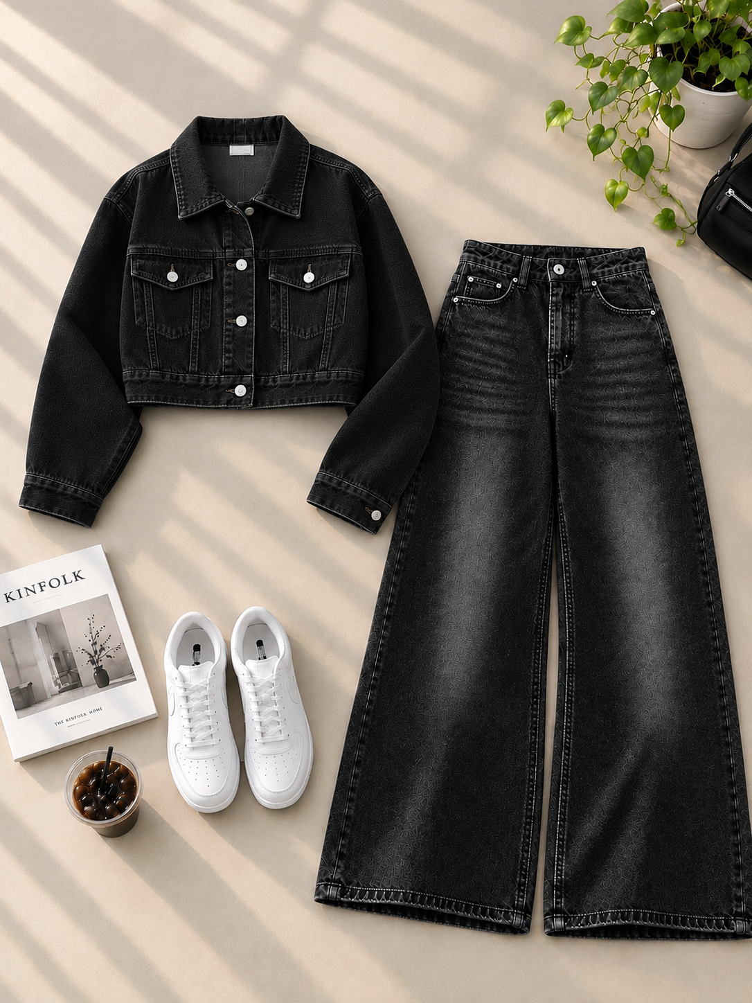 Crop Denim Jacket with Black Shaded Wide-Leg Jeans
