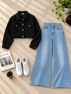 Crop Denim Jacket with Ice Blue Shaded Wide-Leg Jeans