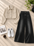 Crop Denim Jacket with Black Shaded Wide-Leg Jeans
