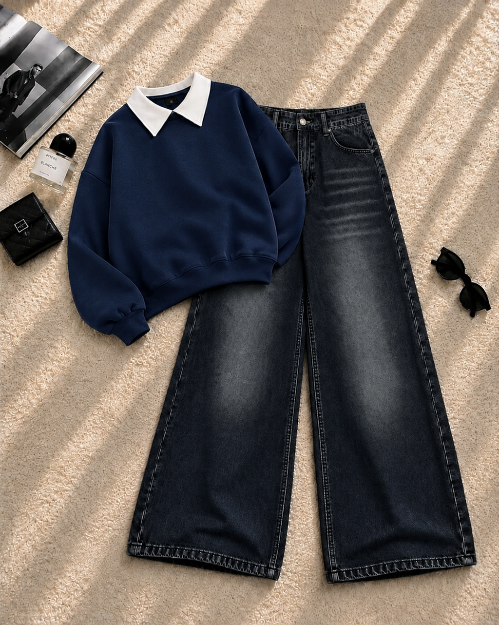 Collar Sweatshirt with Black Shaded Wide-Leg Jeans