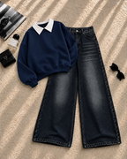Collar Sweatshirt with Black Shaded Wide-Leg Jeans