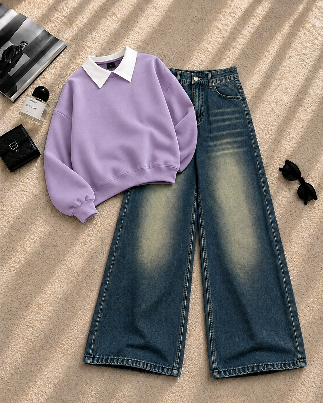 Collar Sweatshirt with Greenish Wide-Leg Jeans