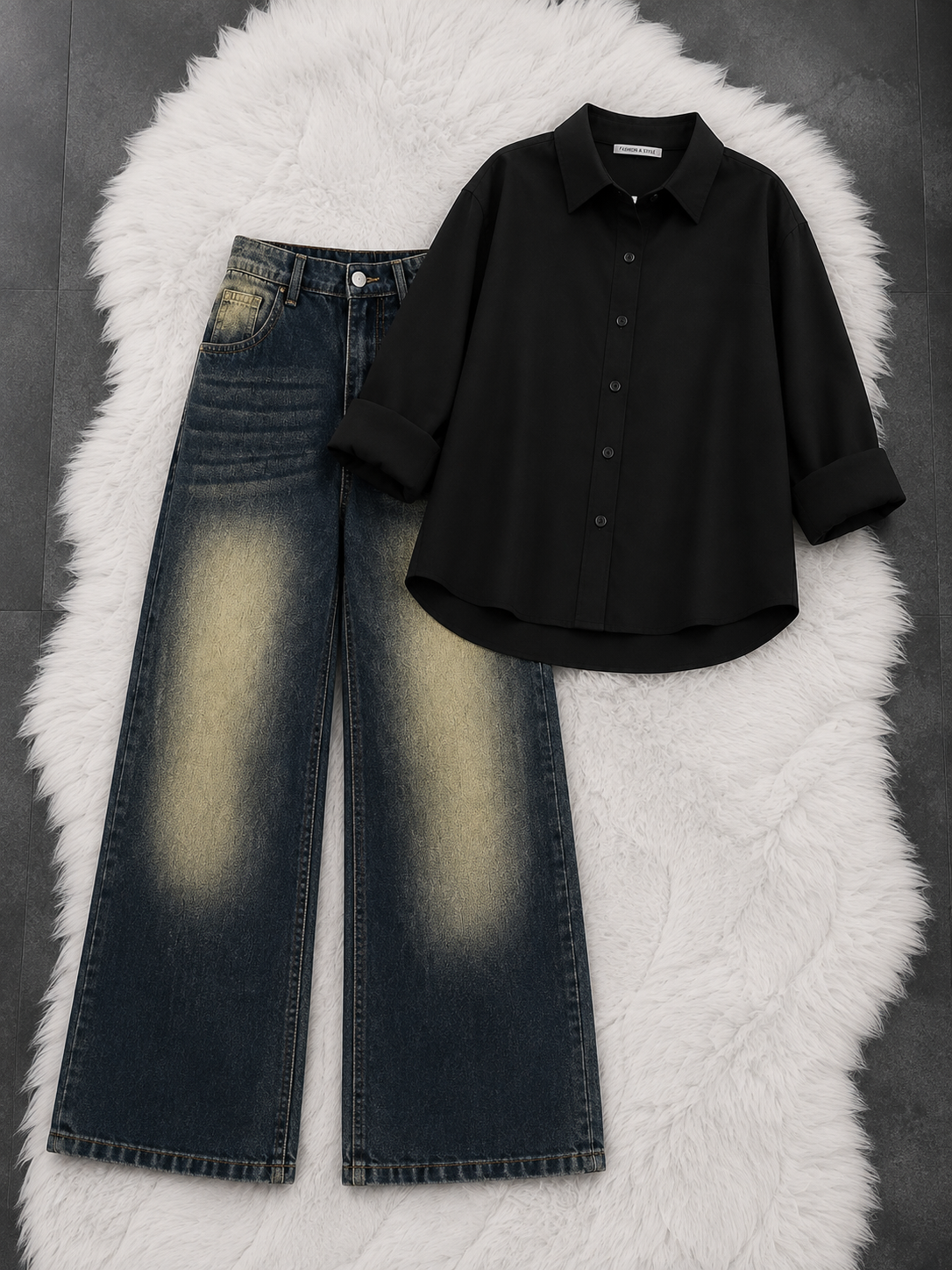 Button-Down Shirt With Greenish-Blue Vintage Wide Leg Jeans
