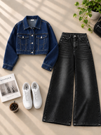 Crop Denim Jacket with Black Shaded Wide-Leg Jeans