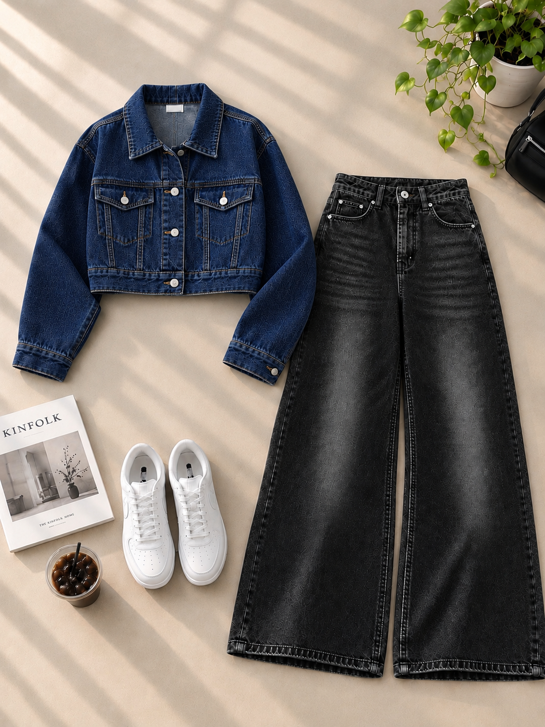 Crop Denim Jacket with Black Shaded Wide-Leg Jeans