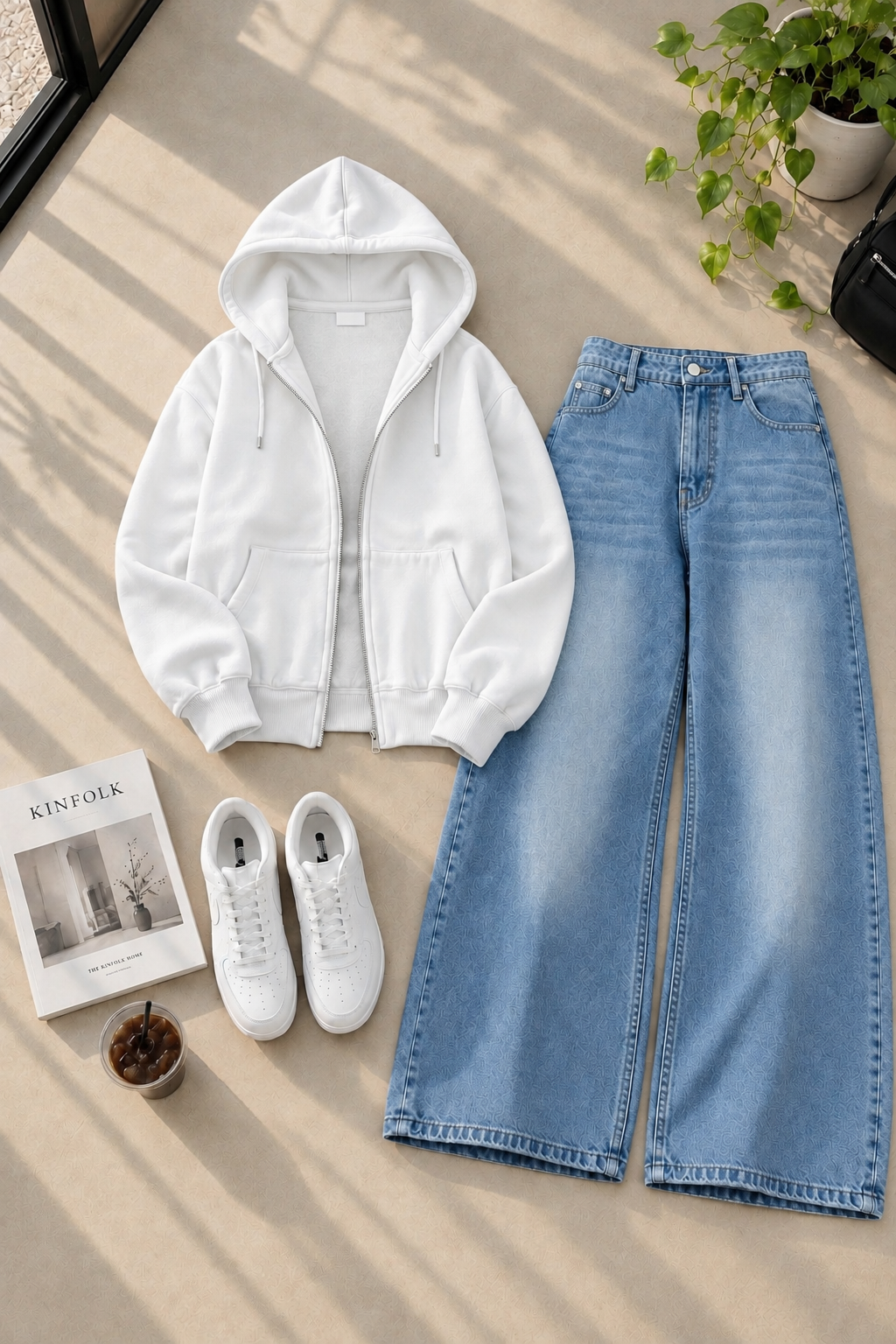 Zipper Hoodie with Ice Blue Shaded Wide Leg Jeans