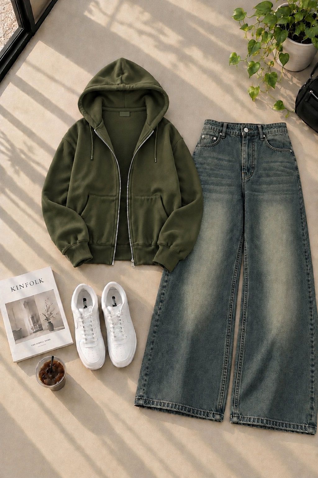 Zipper Hoodie with Greenish Shaded Wide Leg Jeans