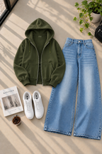 Zipper Hoodie with Ice Blue Shaded Wide Leg Jeans