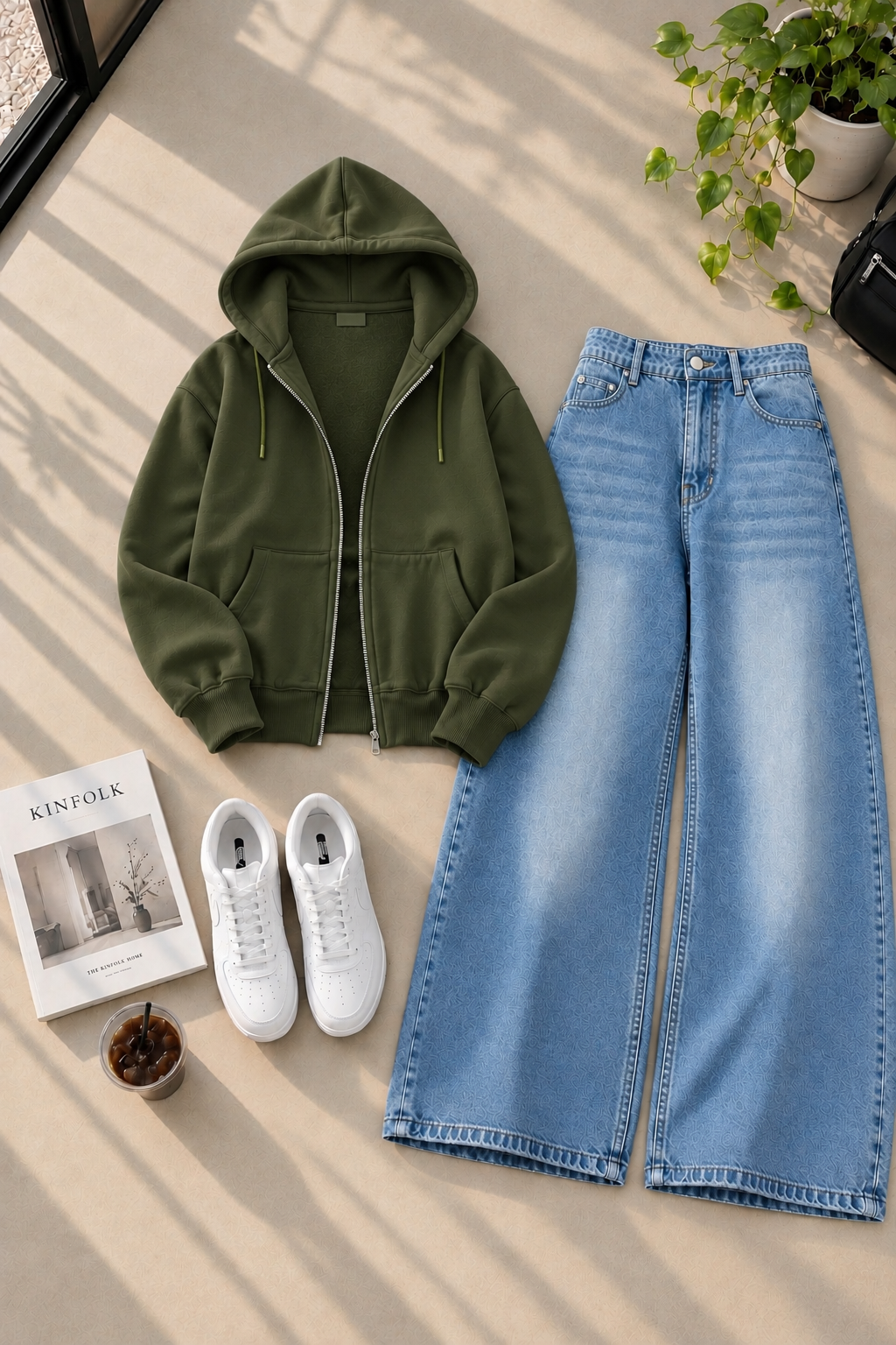 Zipper Hoodie with Ice Blue Shaded Wide Leg Jeans