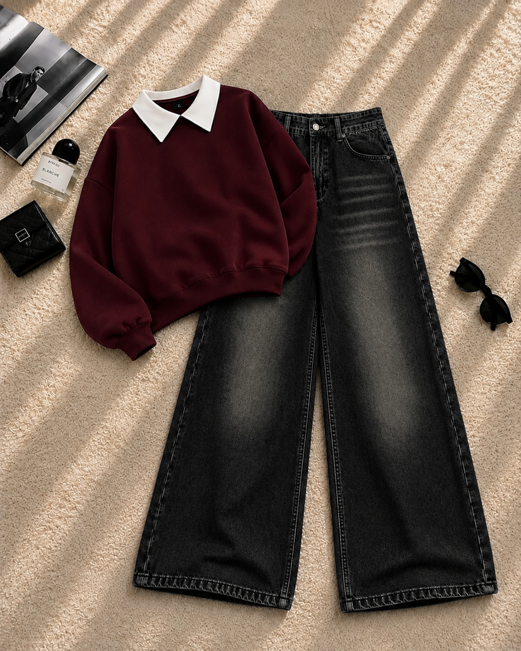 Collar Sweatshirt with Black Shaded Wide-Leg Jeans