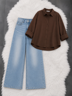 Button-Down Shirt With Ice-Blue Vintage Wide Leg Jeans