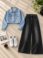 Crop Denim Jacket with Black Shaded Wide-Leg Jeans