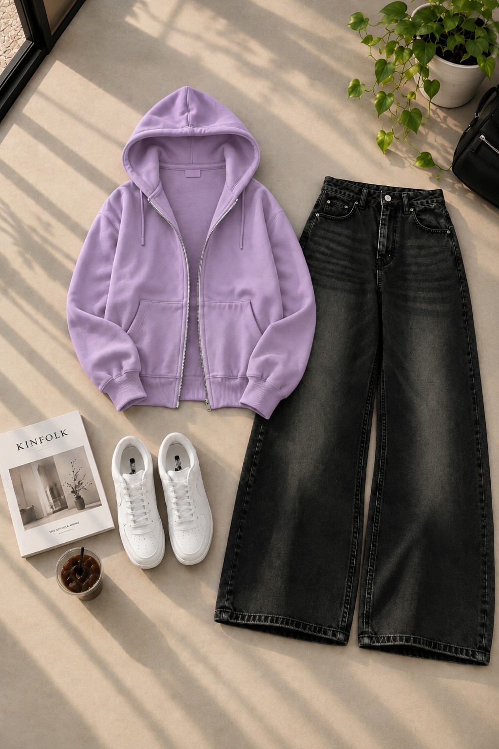 Zipper Hoodie with Black Shaded Wide Leg Jeans
