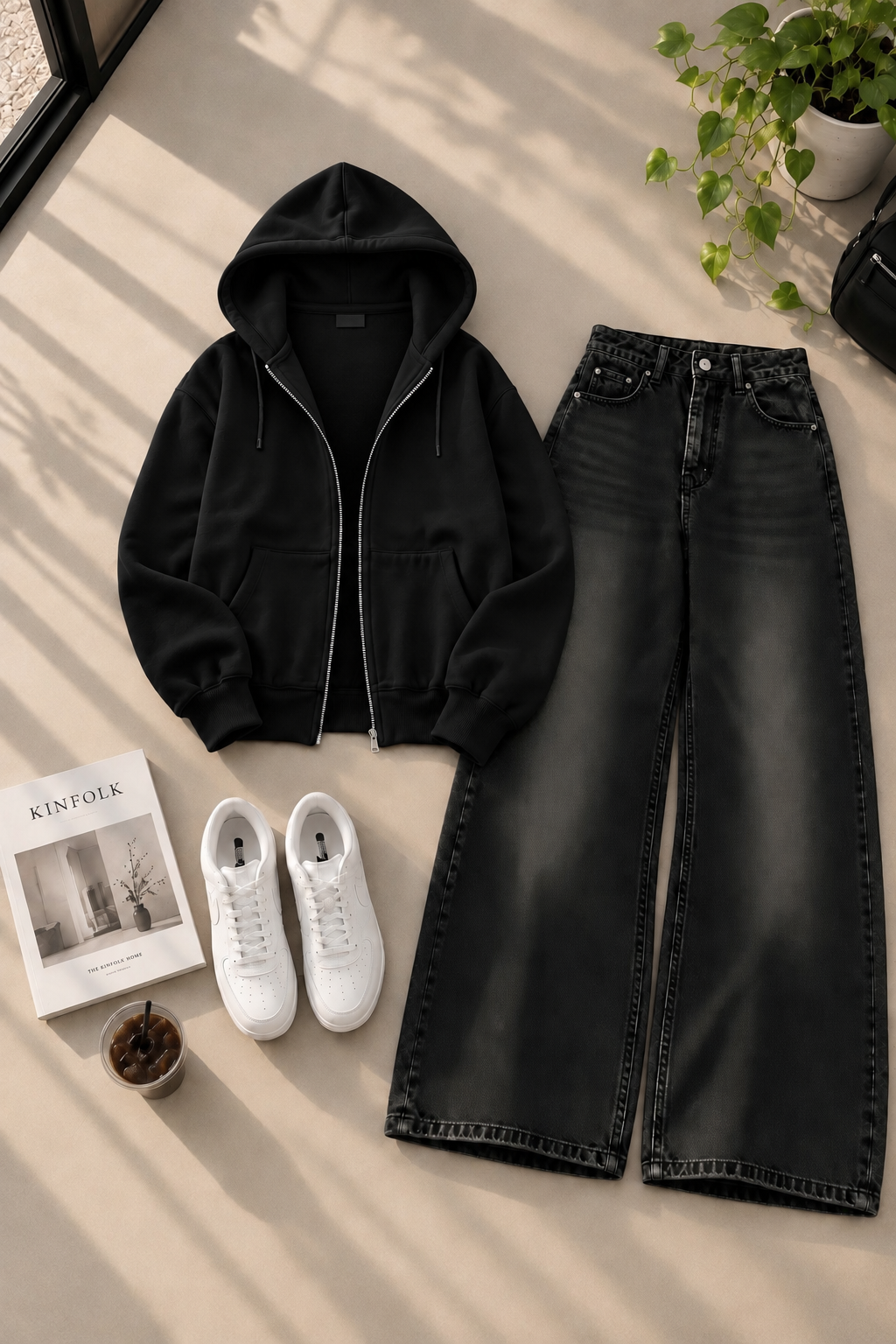 Zipper Hoodie with Black Shaded Wide Leg Jeans