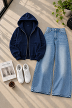 Zipper Hoodie with Ice Blue Shaded Wide Leg Jeans