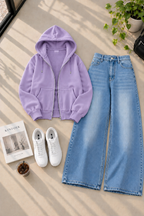 Zipper Hoodie with Ice Blue Shaded Wide Leg Jeans