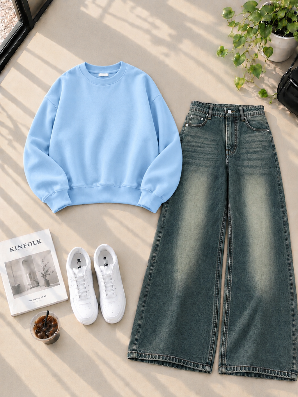 Sweatshirt With Greenish Shaded Wide Leg Jeans