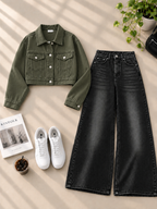 Crop Denim Jacket with Black Shaded Wide-Leg Jeans
