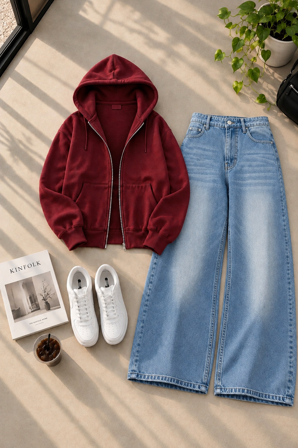 Zipper Hoodie with Ice Blue Shaded Wide Leg Jeans