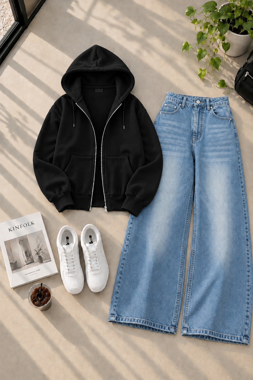Zipper Hoodie with Ice Blue Shaded Wide Leg Jeans