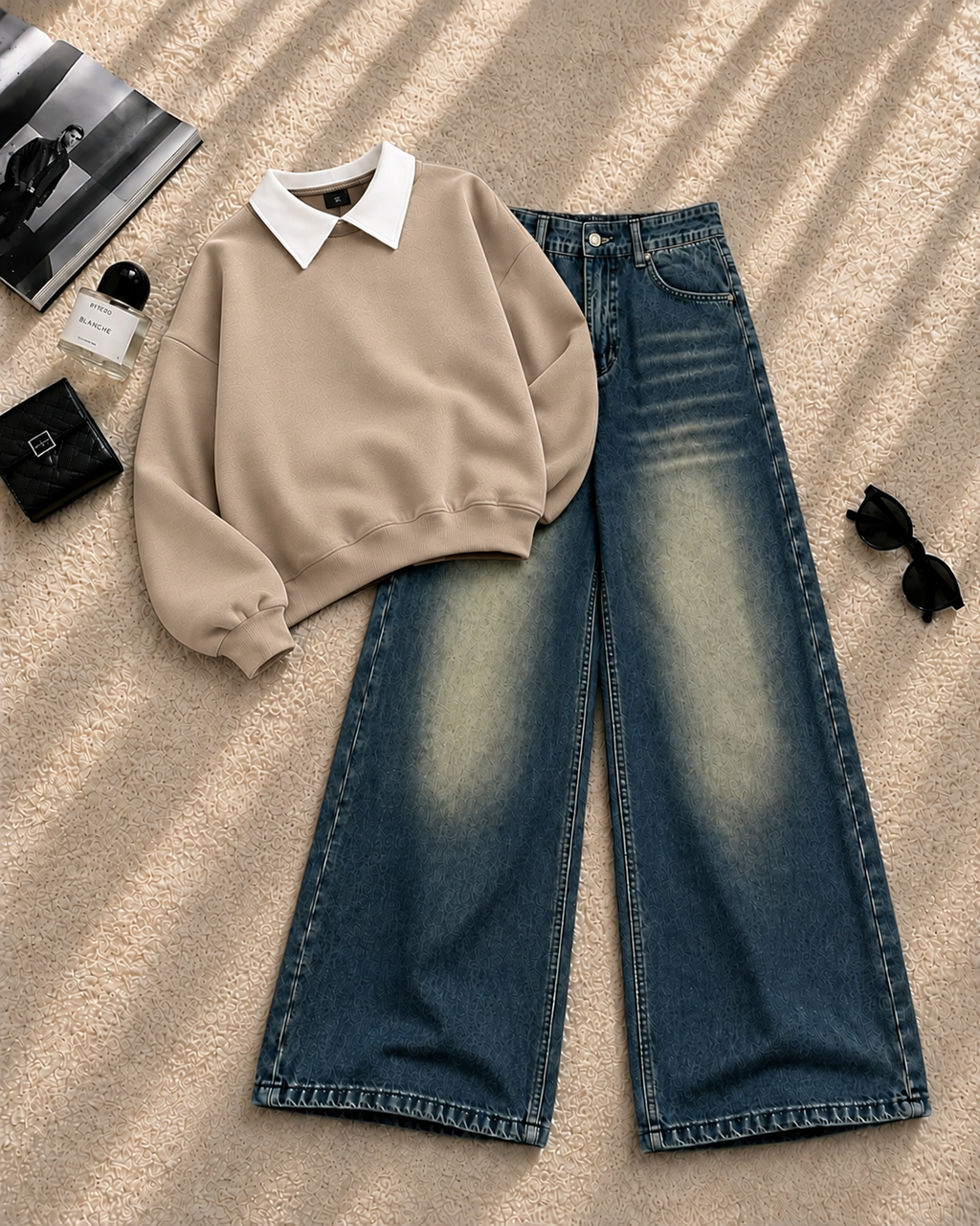 Collar Sweatshirt with Greenish Wide-Leg Jeans
