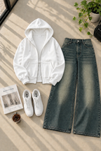 Zipper Hoodie with Greenish Shaded Wide Leg Jeans