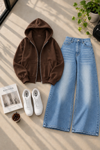 Zipper Hoodie with Ice Blue Shaded Wide Leg Jeans